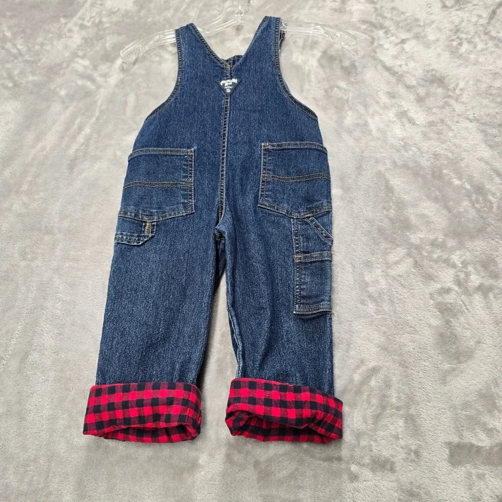 OshKosh B'gosh Overalls Toddler 3T Blue Denim Red Buffalo Plaid Lined Farm